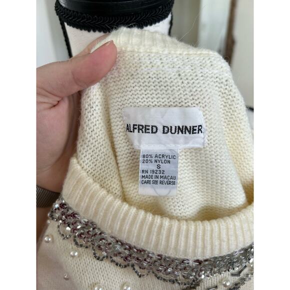 Vintage Cream Crewneck Silver Beaded Bow Sweater - Picture 7 of 8